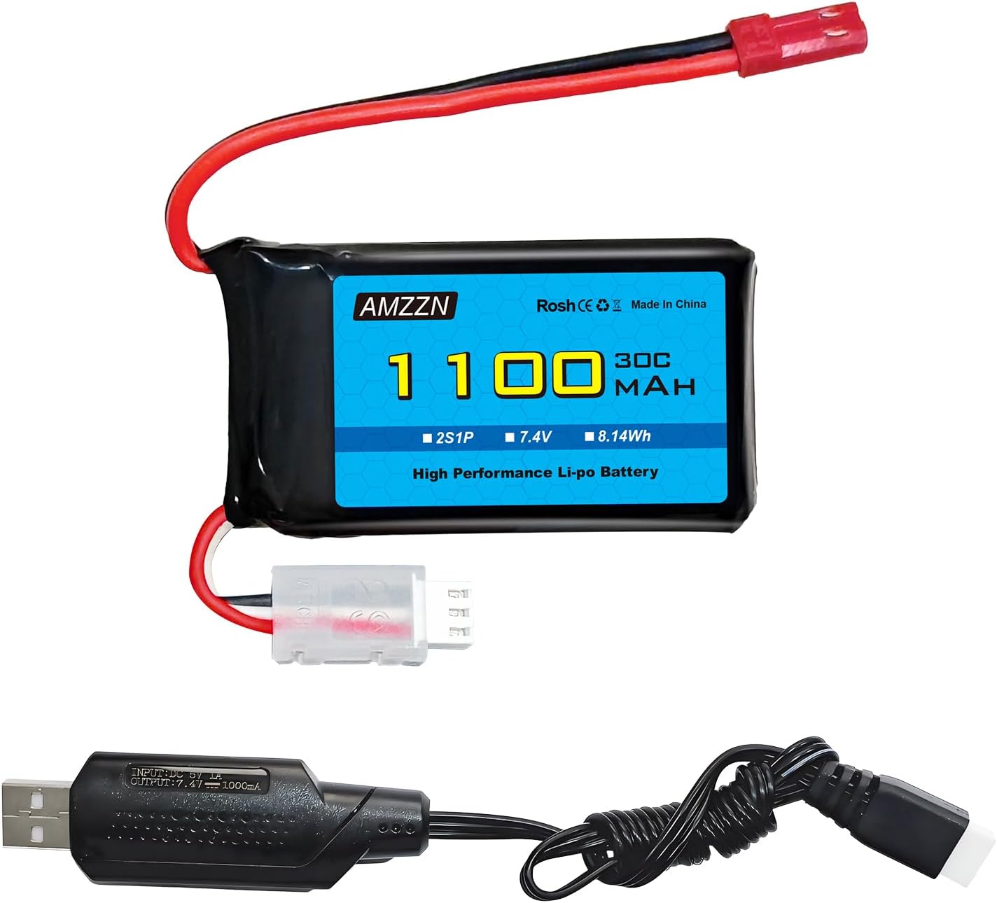 AMZZN 5 Pièces 3,7V 1000mAh Lipo Batterie JST 2P Prise Avec Chargeur En 1 Pour Huina 1337 1338 1516 1517 Telecommande Ingenierie Vehicule 1071570722