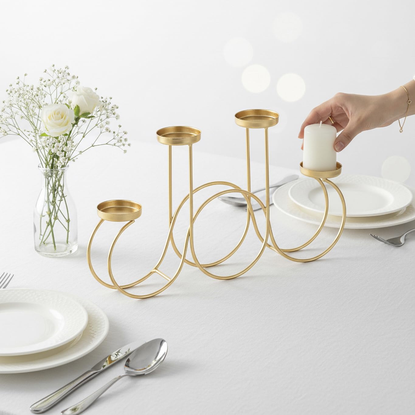 Modern Metal Pillar Candle Holder for Dining Table | Decorative 5 Arm Candle Stand for Living Room, Table Centerpiece, Home Decor, Wedding & Festive Decoration (Gold)-image-21