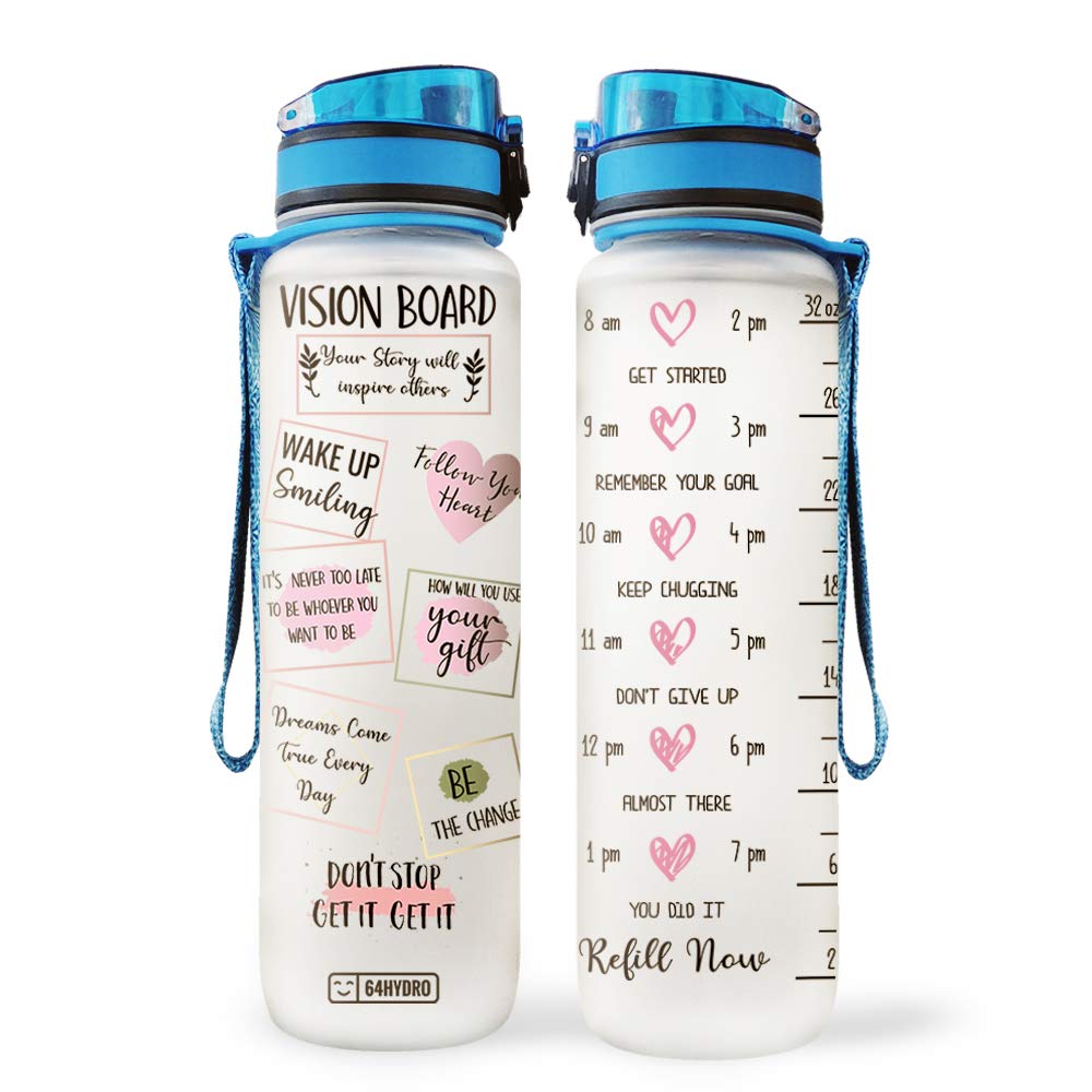 64HYDRO32oz 1Liter Motivational Water Bottle with Time Marker, Vision Board Inspiration Wake Up Smiling Follow Your Heart Dream Come True Be The Change PYL1206004 Water Bottle