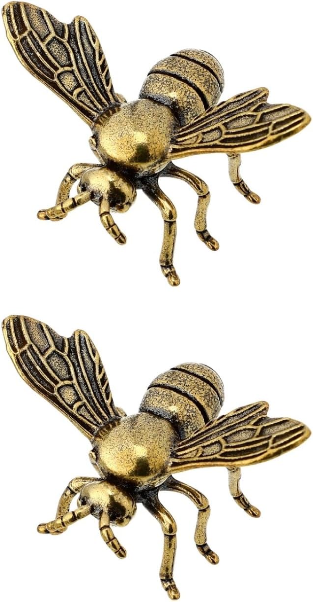 PATKAW Brass Bee Figurines 2 pcs Small Bee Decor for Home Desktop Exquisite Adornment with Flat Bottom Compact Figurine Accent for Office Tabletop Shelf and Indoor Display
