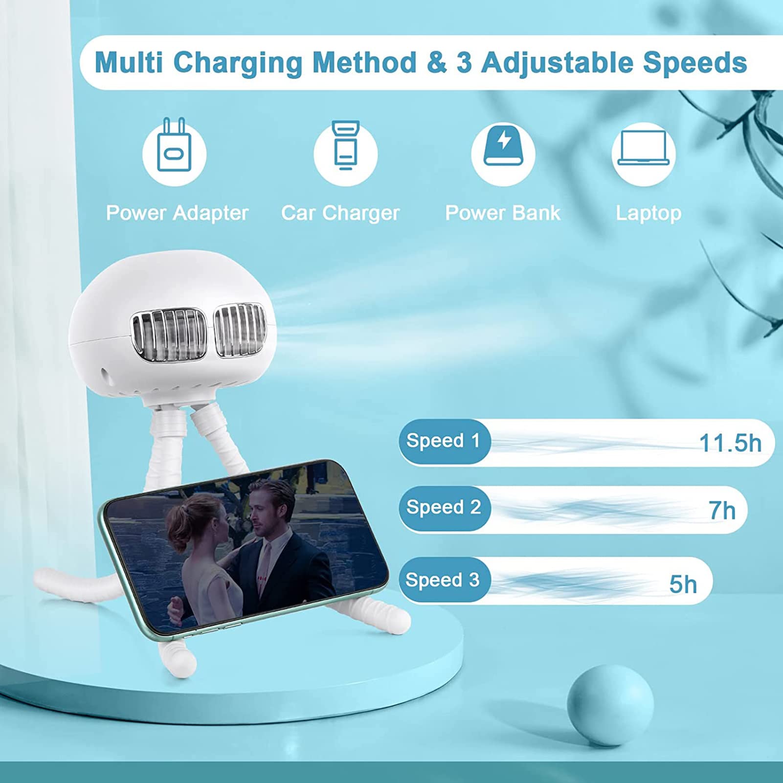 Ventilatore per Passeggino Ricaricabile con Treppiede Flessibile, 3 velocità Ventilatore USB Silenzioso, per Letto, Ufficio, Seggiolino Auto, Campeggio, Palestra,Rosa (White Bianca
