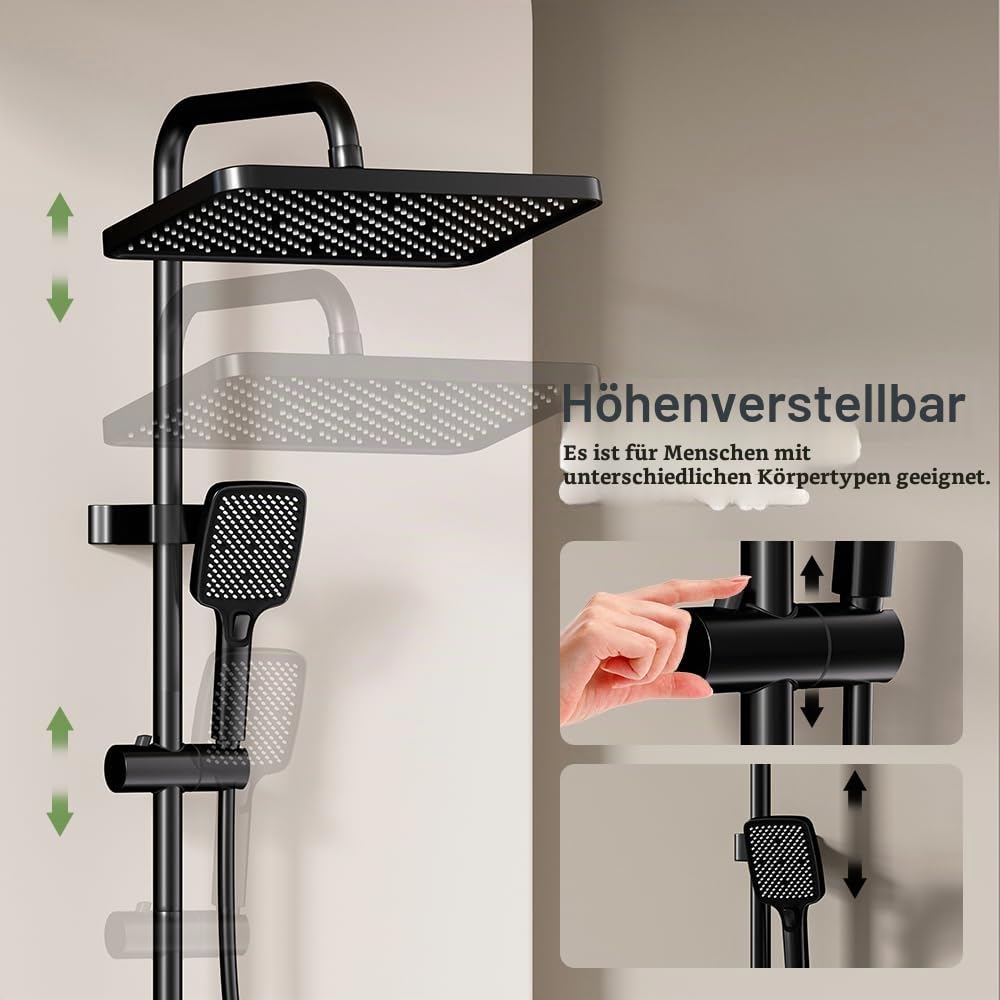 Duschkopf mit LED-Temperaturdisplay, 4 Strahlarten - kalkabweisend, hoher Druck, Messingmassiv und integriertes Ablagefach (black)