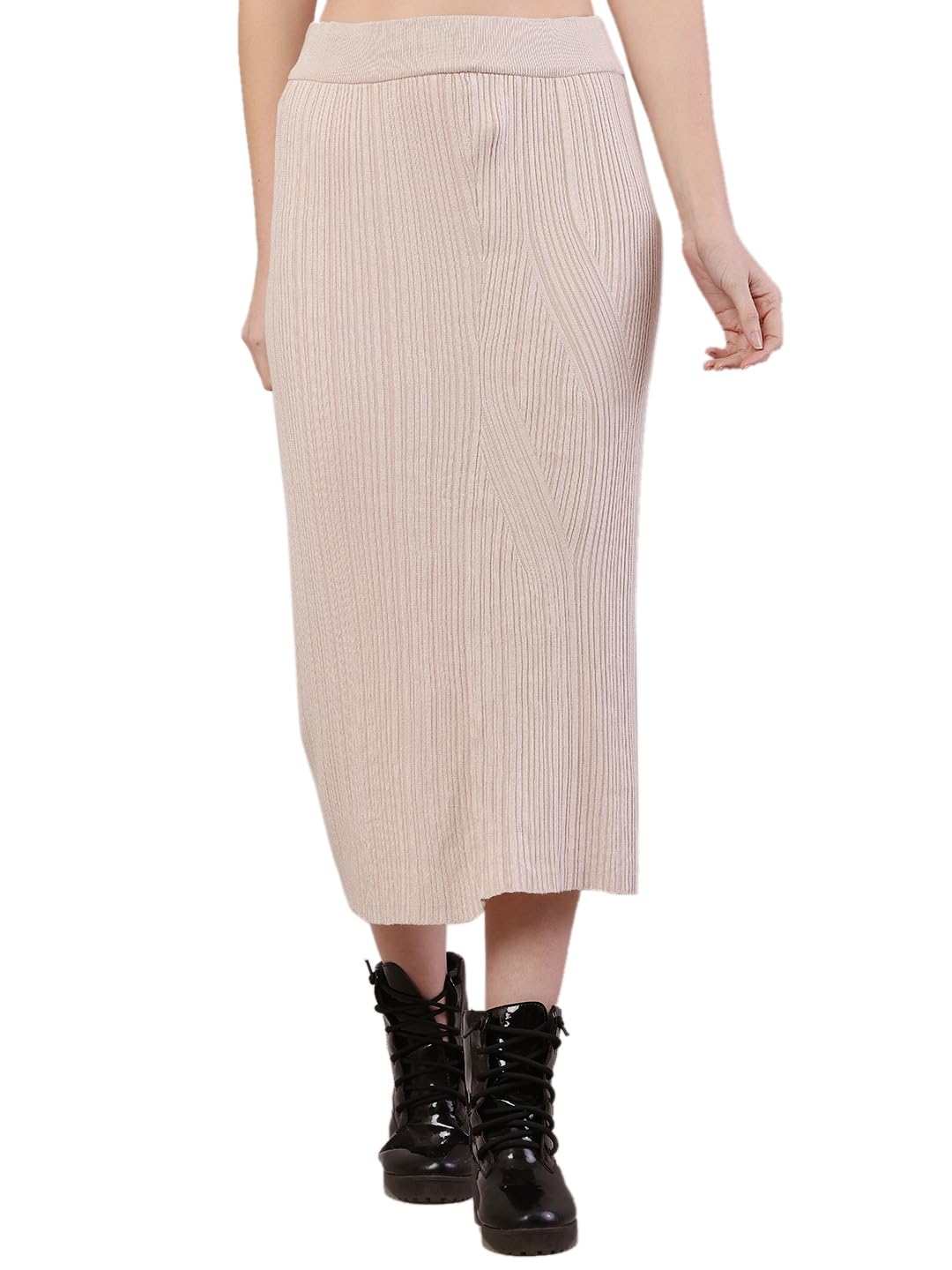 nobarr Women's Acrylic Elastic Knitted Ribbed A-line Beige Skirt-picture-29
