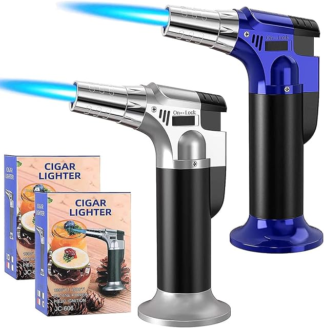 2 Pack Butane Torch Lighter, XWFEU Blow Torch Refillable Kitchen Torch with Safety Lock Adjustable Flame Cooking Torch for Desserts Creme Brulee BBQ Baking (Butane Gas Not Included) (Silver Blue)