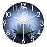 XFM White Lotus Wall Clock 14 Inch Blue Silent Non Ticking Battery Operated Clock Zen Flowers Decorative Round Clock for Living Room Bedroom Bathroom Office Decor