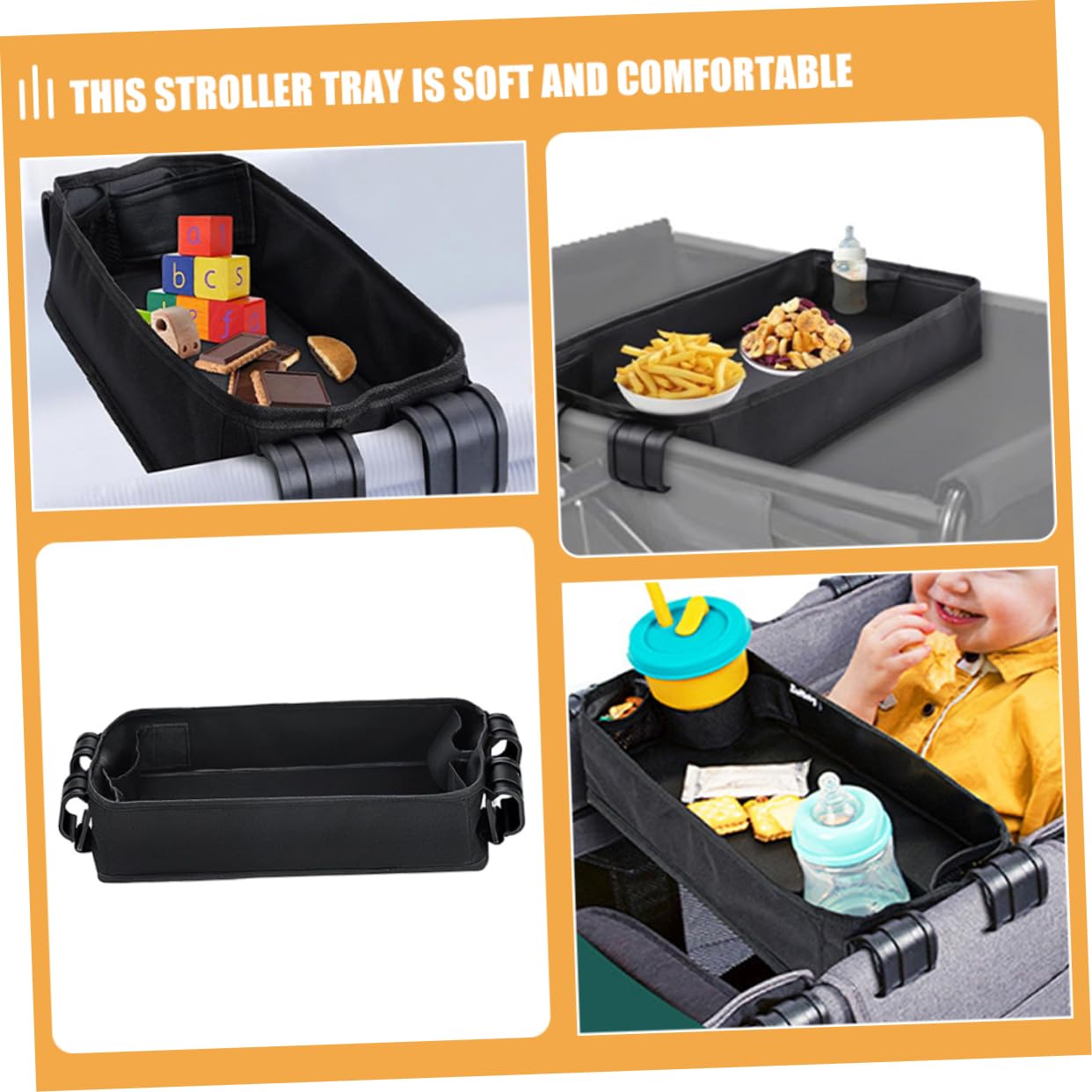 Toddmomy Vassoio Per Passeggino Portabicchieri Organizer Snack e Telefono Clip Per Carrozzina Nero