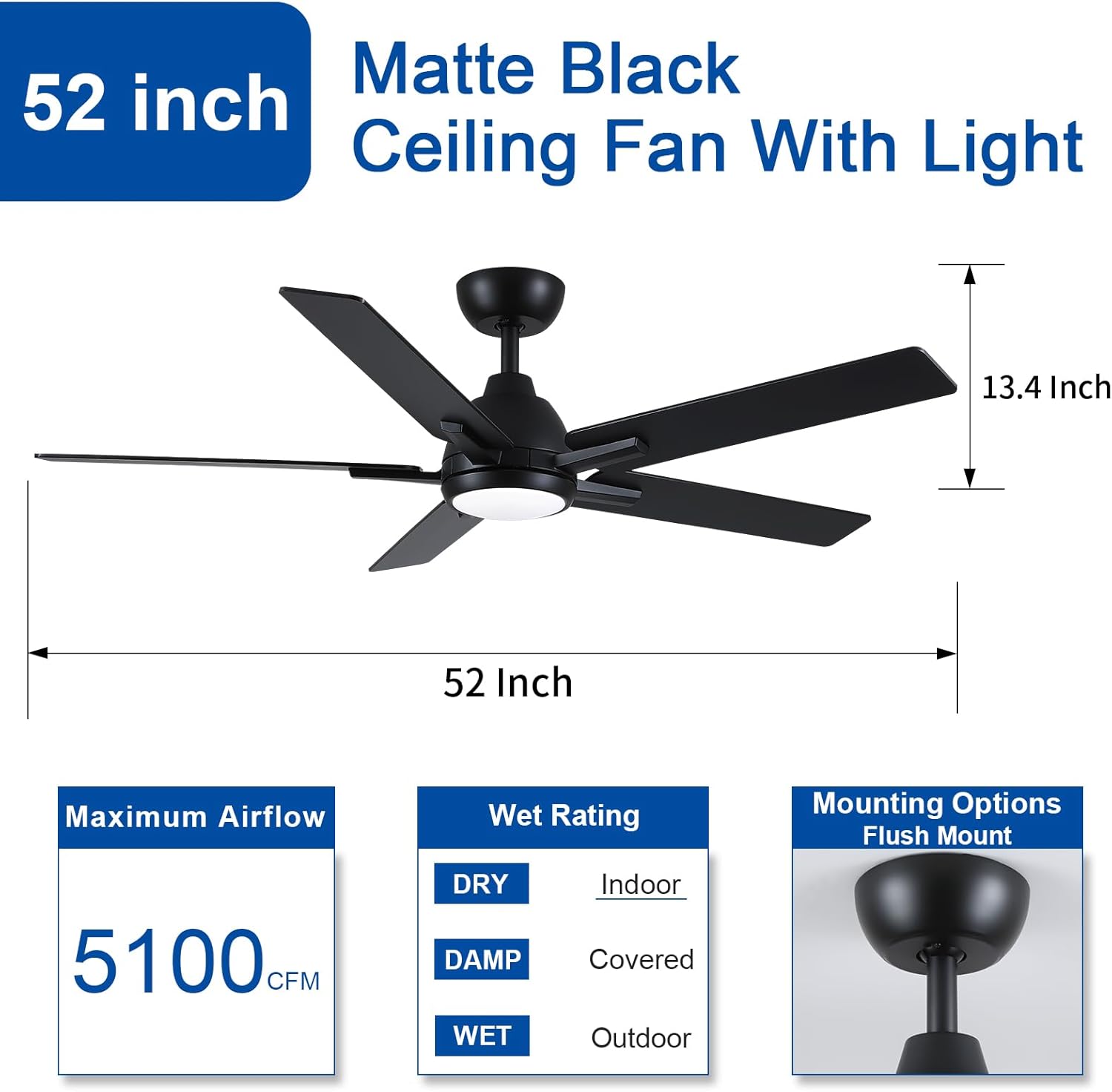 Sevenine 52 Inch Ceiling Fans with Lights and Remote, Black Ceiling Fan with 5 Balde for Outdoor/Bedroom Living Room, Downrod, 6 Speed Reversible DC Motor, 3CCT Dimmable Timer Noiseless, ETL Listed