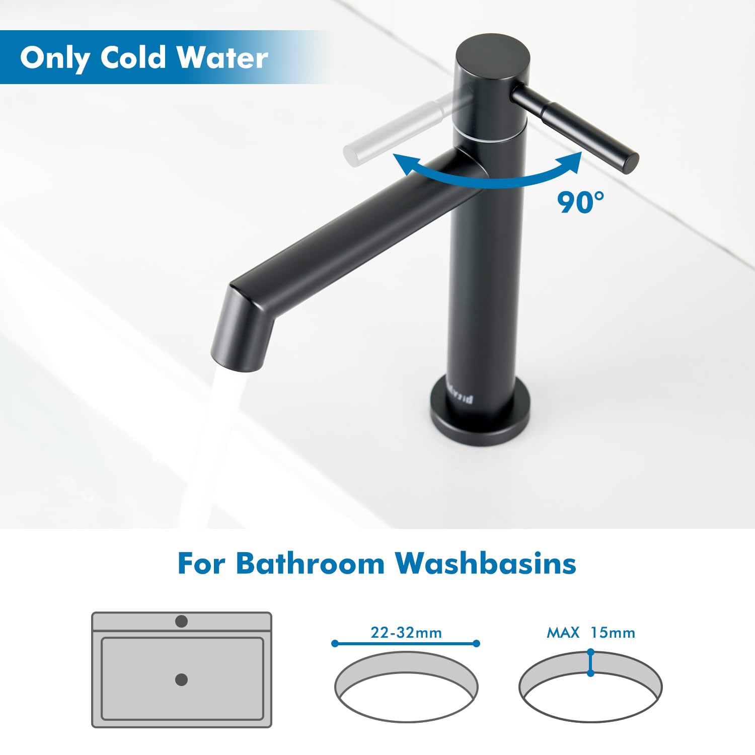 Robinet Eau Froide Uniquement Noir, Robinet Lave Main Salle Bain avec Mousseur Amovible, Acier Inoxydable avec Hauteur sous Bec 113 mm pour WC Invités