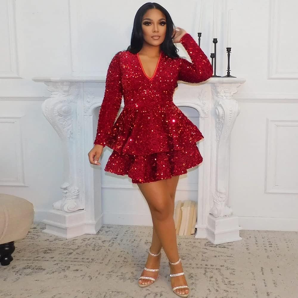 PEIYJYUSP Long Sleeve Homecoming Dresses for Teens Sparkly Sequin V Neck Tiered Puffy Short Prom Dresses