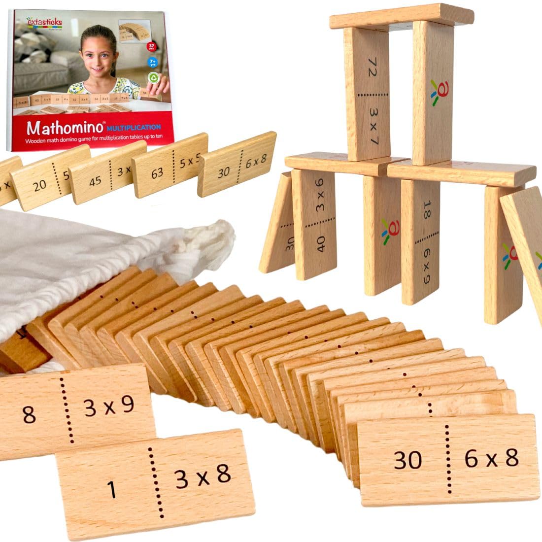 Extasticks Multiplication Domino Math Game | Wooden Educational Algebra Toy | Learning Times Tables Dominoes for Classroom, Homeschooling 3rd 4th