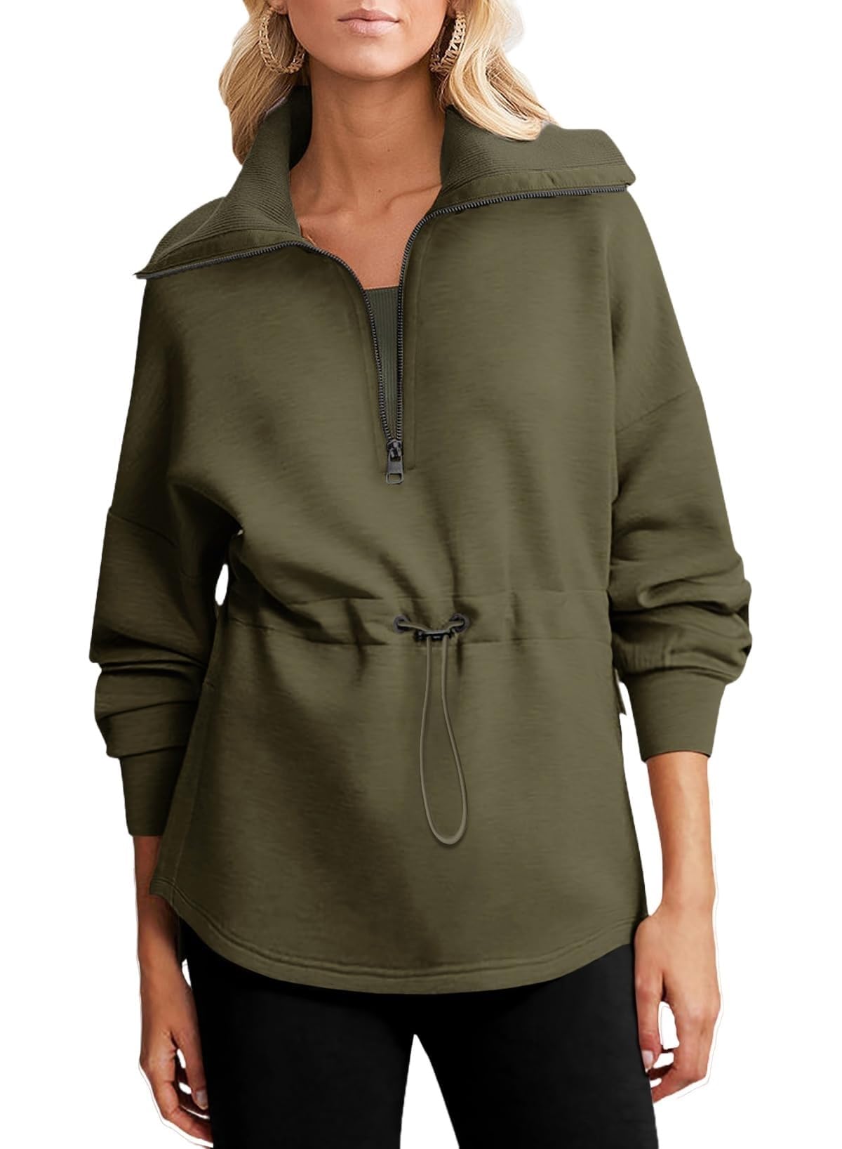 BTFONIA Womens Oversized Sweatshirts Half Zip Drawstring Waist Long Sleeve Side Slits Casual Pullover Sweatshirt Tops(Green,L)
