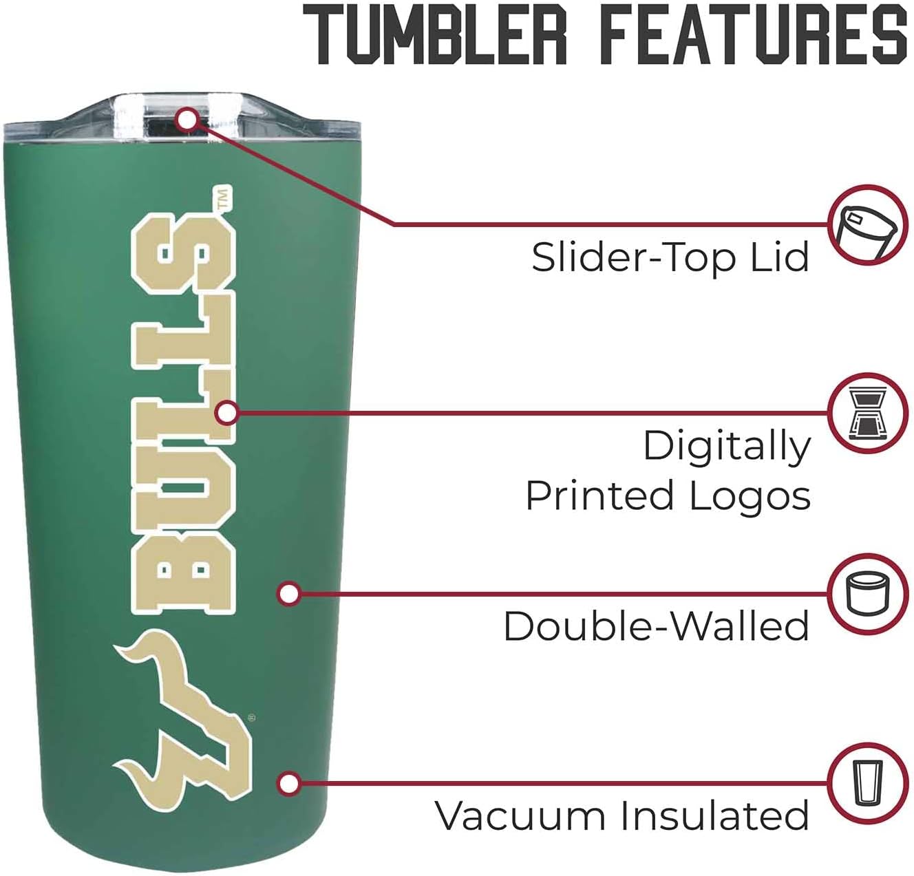 Campus Colors NCAA Stainless Steel Tumbler perfect for Gameday - 18 oz - Double Walled - Keeps Drinks Perfectly Insulated (USF Bulls - Green) - Image 5