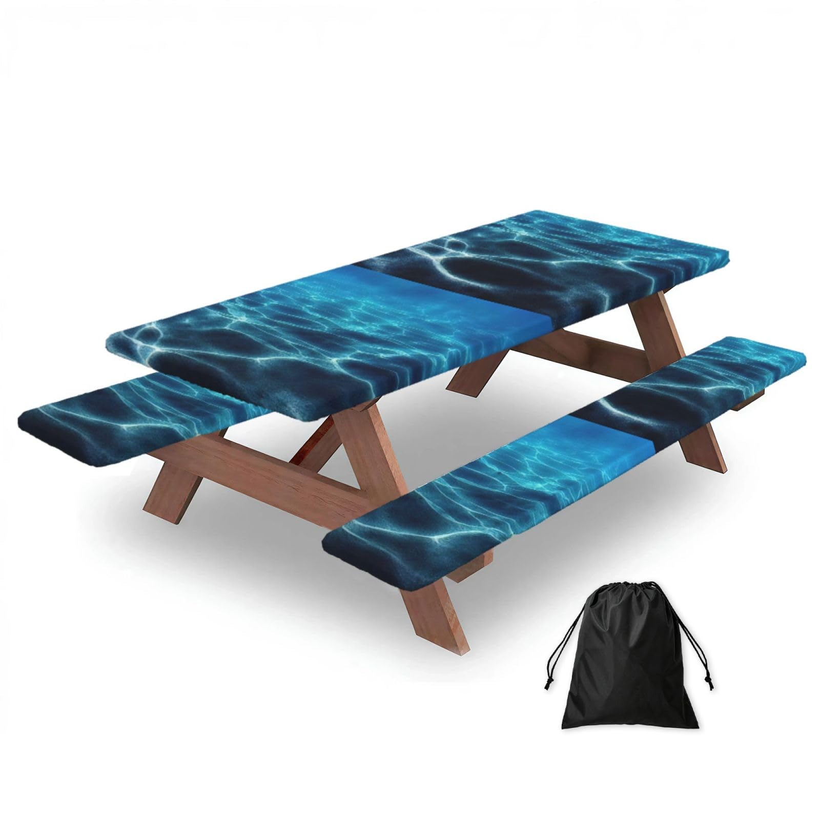 Yqxwjl Black Blue Deep Ocean Print Camping Essentials Waterproof Camping Table And Bench Cover With Drawstring Bag 183 Cm