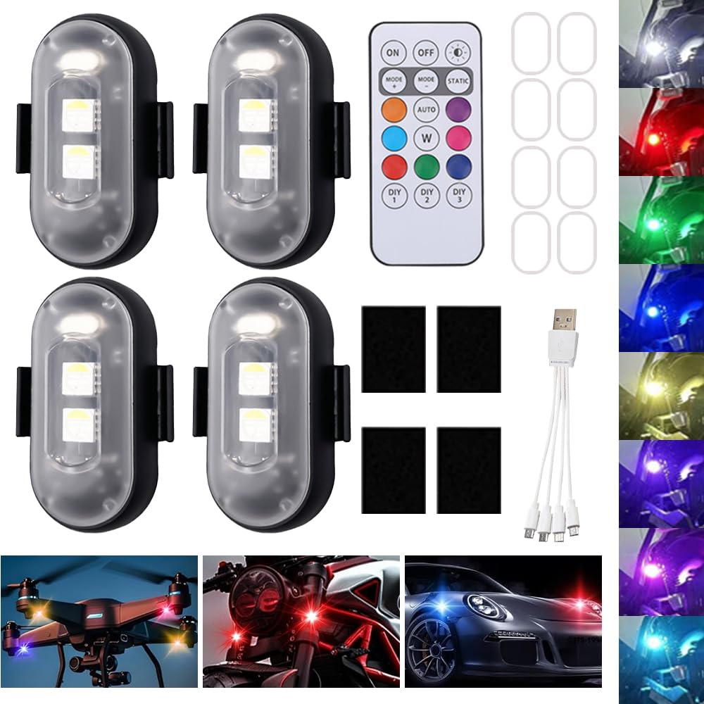 Mineup 4 sztuki bezprzewodowych świateł LED, 8 kolorów, stroboskop, pilot zdalnego sterowania, lampa błyskowa z pilotem zdalnego sterowania, ładowanie przez USB, światła antykolizyjne, lampa błyskowa