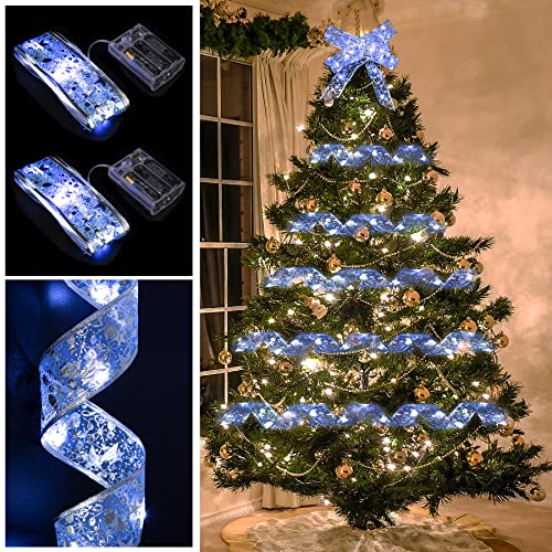 2PCS Christmas Glow Ribbon Lights,Total 33ft with 100 LED Lights Christmas Tree Decoration, Battery Operated String Lights for Holiday Party Indoor Outdoor Farmhouse Garden Decorations (Blue White)