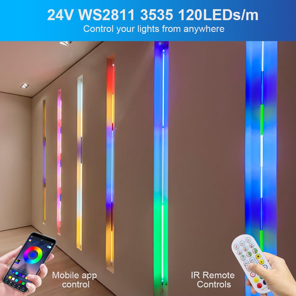 KISUFU 24V WS2811 RGB Tira de Luces LED de Neón, 360 Grados Tira LED Neón SMD 3535 120LED/M IP67 Impermeable con 24 keys Wifi Music Control, Flexible Cinta LED para Bricolaje Fiesta Decoración.