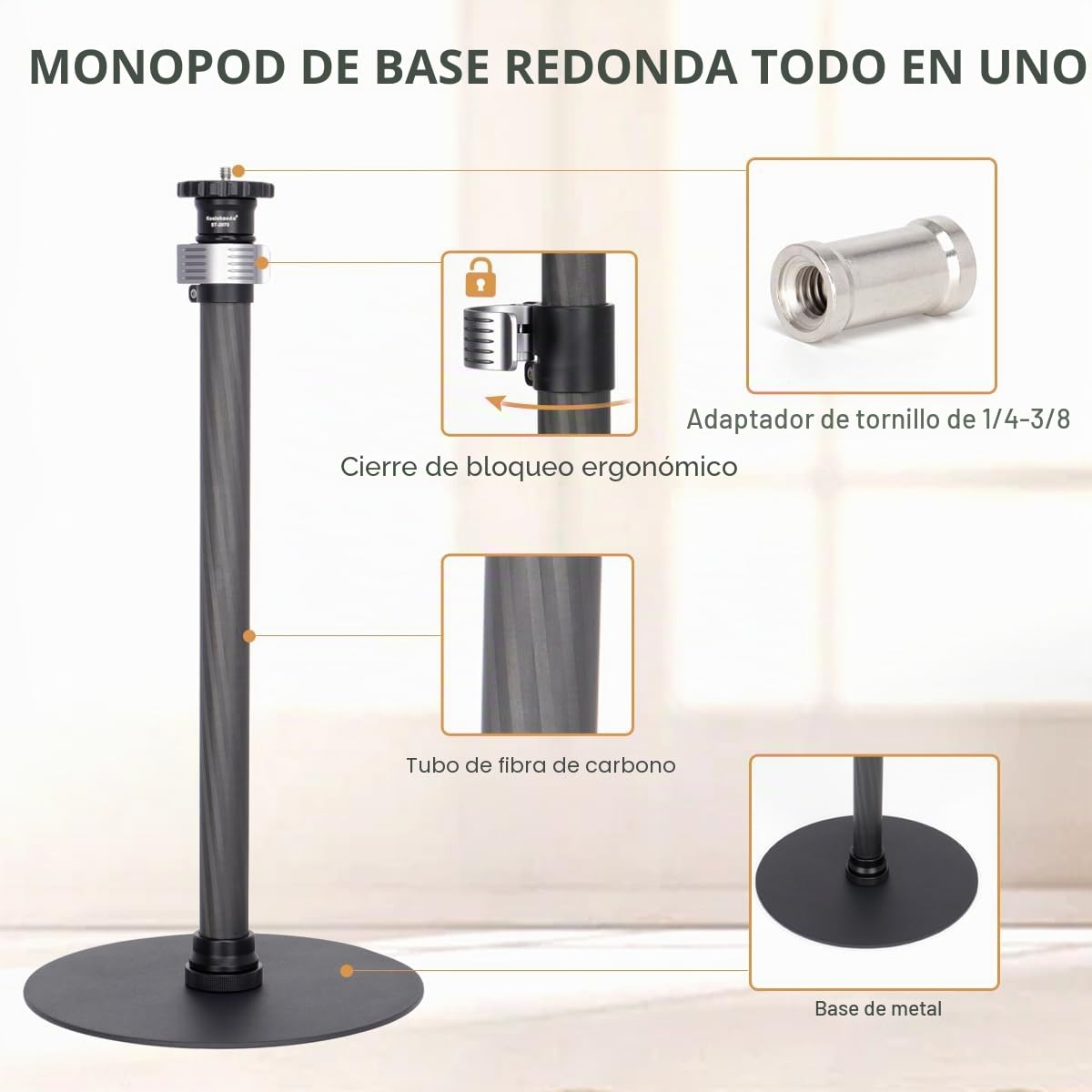 Koolehaoda Soporte monopié para escritorio, soporte de mesa ajustable de 16 a 28 pulgadas con base pesada, soporte de montaje monopié de fibra de carbono para cámara DSLR, luz, cámara web, transmisión