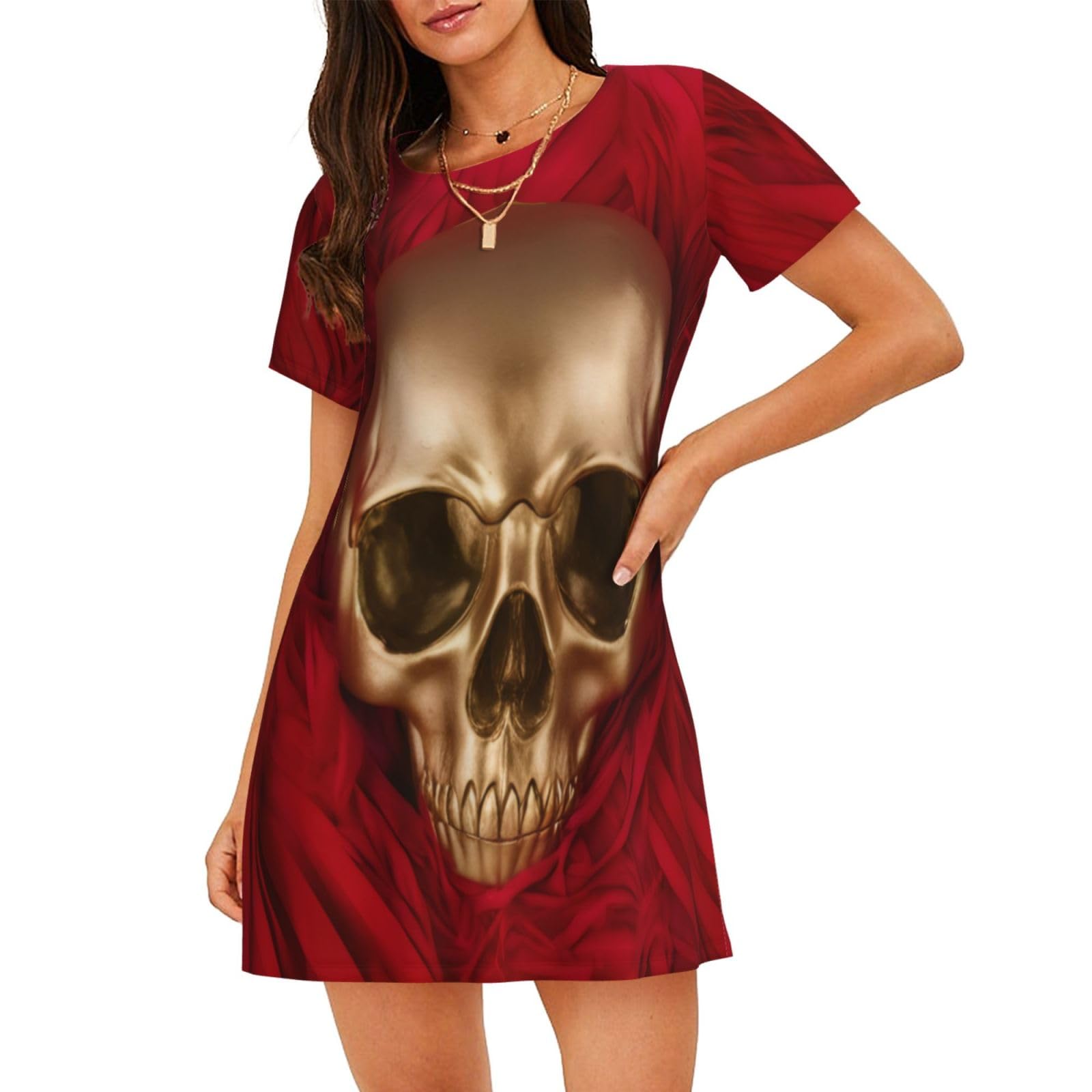Pkttecrfpk Women's 3D Gothic Wallpaper Skull Short-Sleeved Nightdress | Casual Comfy Nighties Sleepwear | Soft Pajama Sleep Shirts For | Night Shirts For Sleeping Pullover Nightgown S-Xxxl