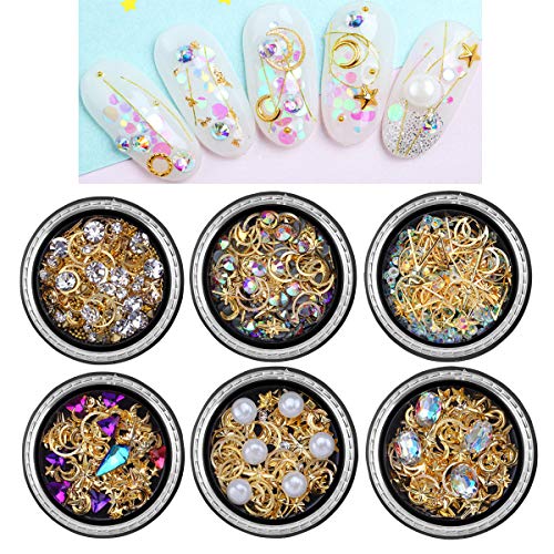 JAKSSO 6 Boxes 3D Nail Art Rhinestones Mixed Nail Studs Metal Pearls Big Gems Diamonds Crystals Nail Jewels Rhinestones for Nail Art Decoration Nail Art Supplies