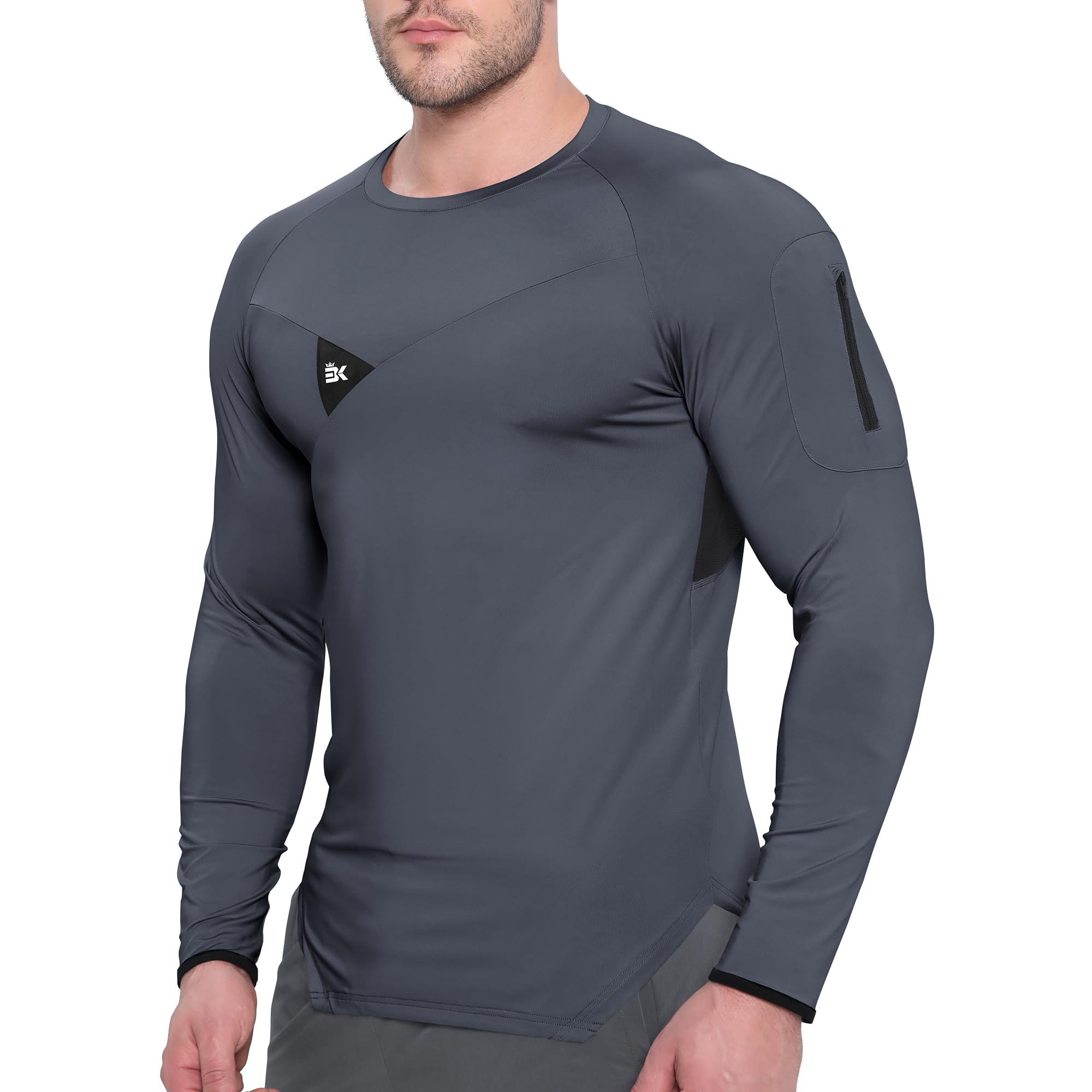 BROKIGMens Armzip Long Sleeve Running Tops, Dry Gym Sports Shirts  Lightweight Compression Training T Shirts with Zip Pocket