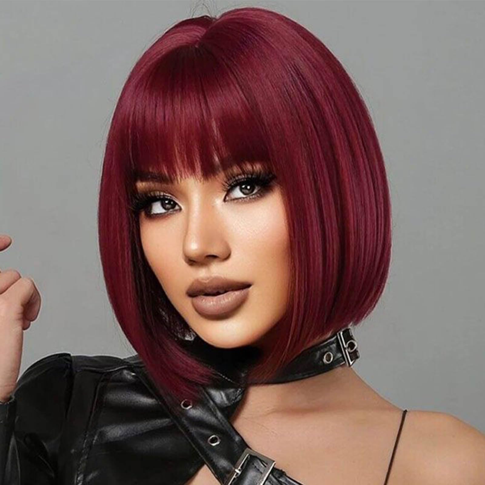 Photo 1 of *Used* YOUNIGA Wine Red Bob Wig With Bangs 12 Inch Burgundy Wig Short Synthetic Fiber Bob Wigs for Women Short Bob Wigs and Halloween Cosplay Wig for Daily Life Colorful Wigs With One Cap (Wine Red)