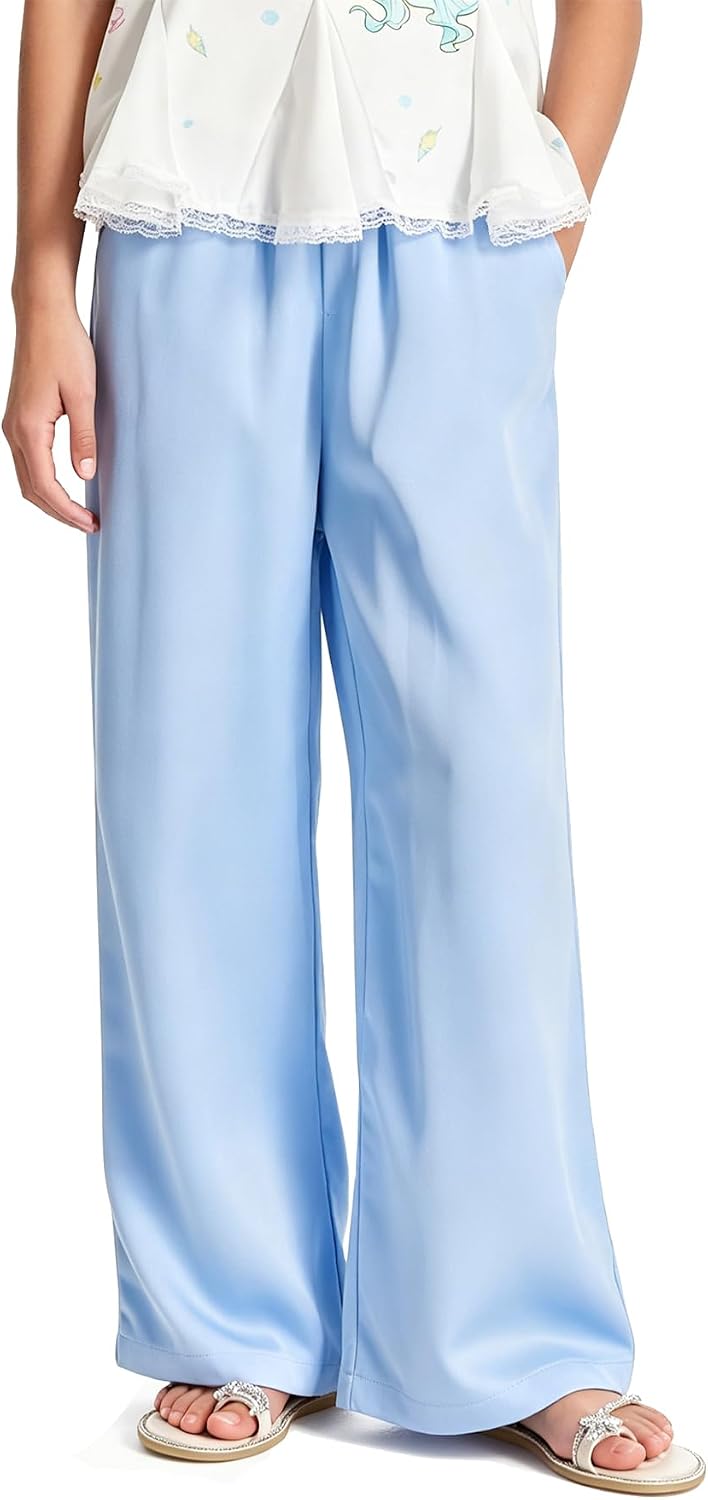 Girls Wide Leg Pants Satin Palazzo Pants for Girls Elastic Waist Flowy Summer Beach Vacation Pants for Kids 6-16Y