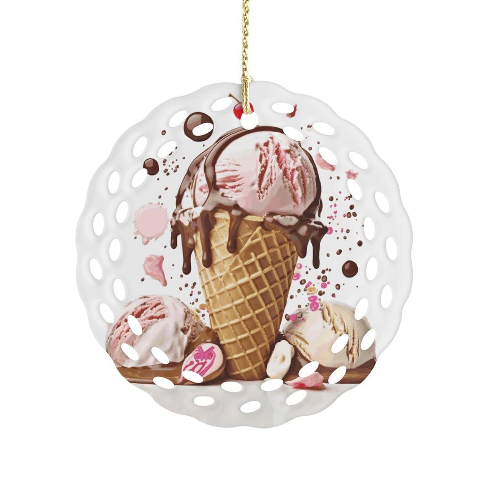 Btcowzrv Style Ice Cream Ceramic Ornament,Round Ornaments With Hole Easy To Hang,Hanging Ornament For Wedding Party Home Window Garden Christmas Day Decor
