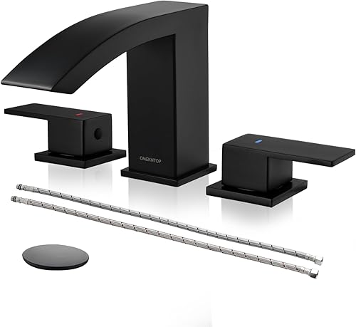OMEKNTOP Grifo de baño negro mate, 8 pulgadas, cascada, grifo de lavabo de 3 agujeros, grifo de baño negro con drenaje desplegable y manguera, grifo
