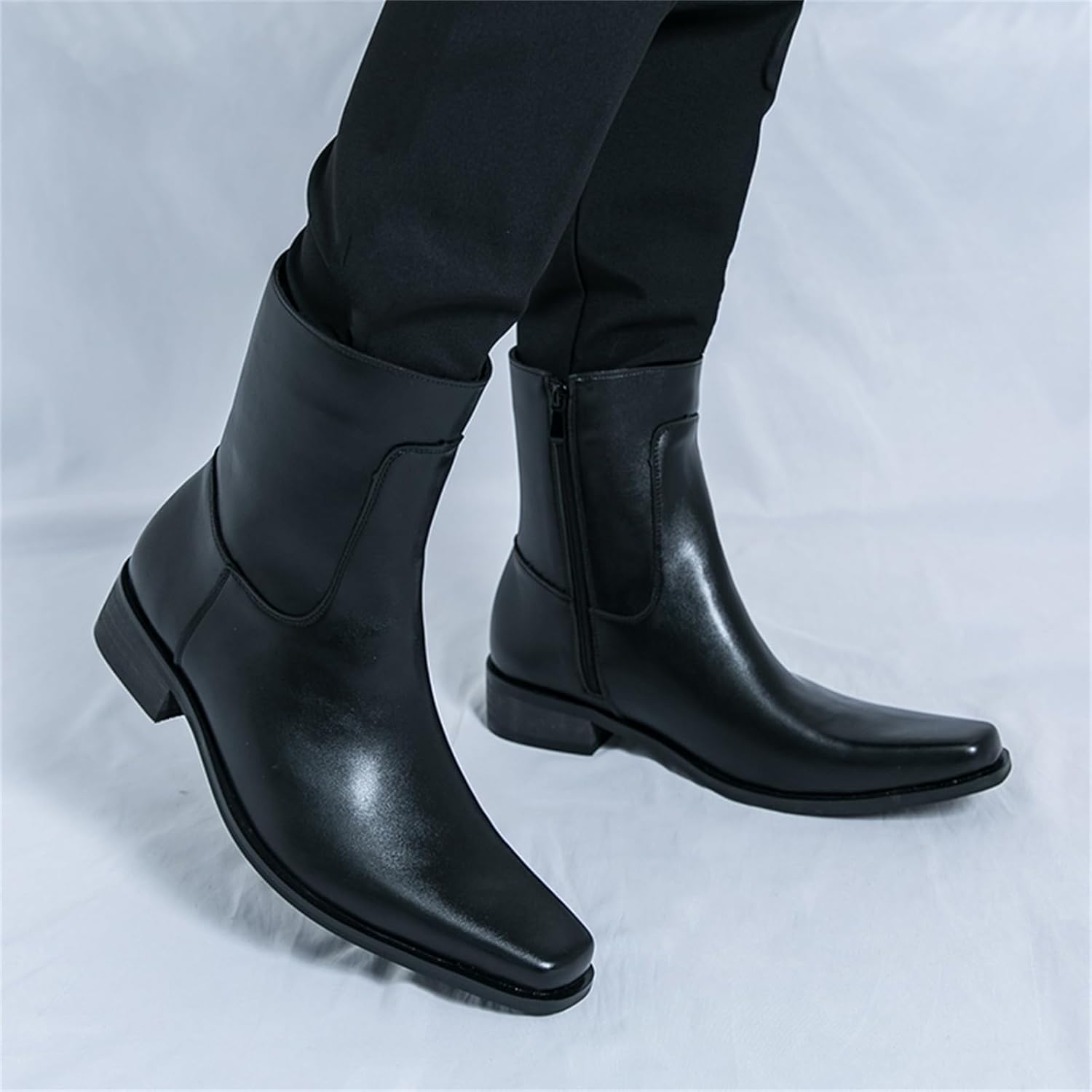 Mens Leather Pull On Low Chunky Heels Square Toe Dress Western Chelsea Boots Casual Ankle Cowboy Boots with Side Zipper & Buckles for Prom Formal Party Working Business