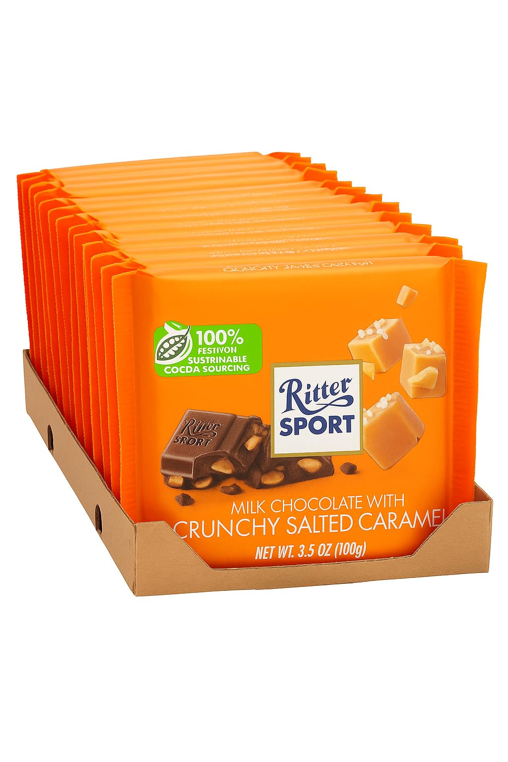Ritter Sport Milk Chocolate with Crunchy Salted Caramel, 3.5 oz Bars, 12 Count