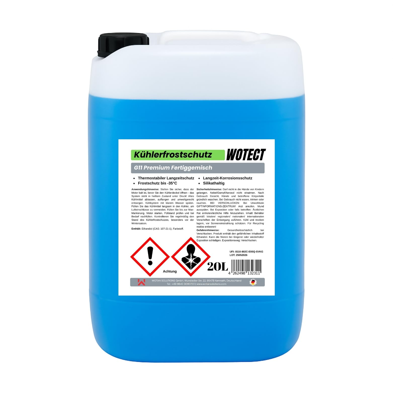 WOTECT 20L Kühlerfrostschutz G11 Gebrauchsfertig bis -35°C – Silikathaltiges Kühlmittel – Blau – Für Benzin & Diesel – Aluminiumverträglich (1x20 Liter)