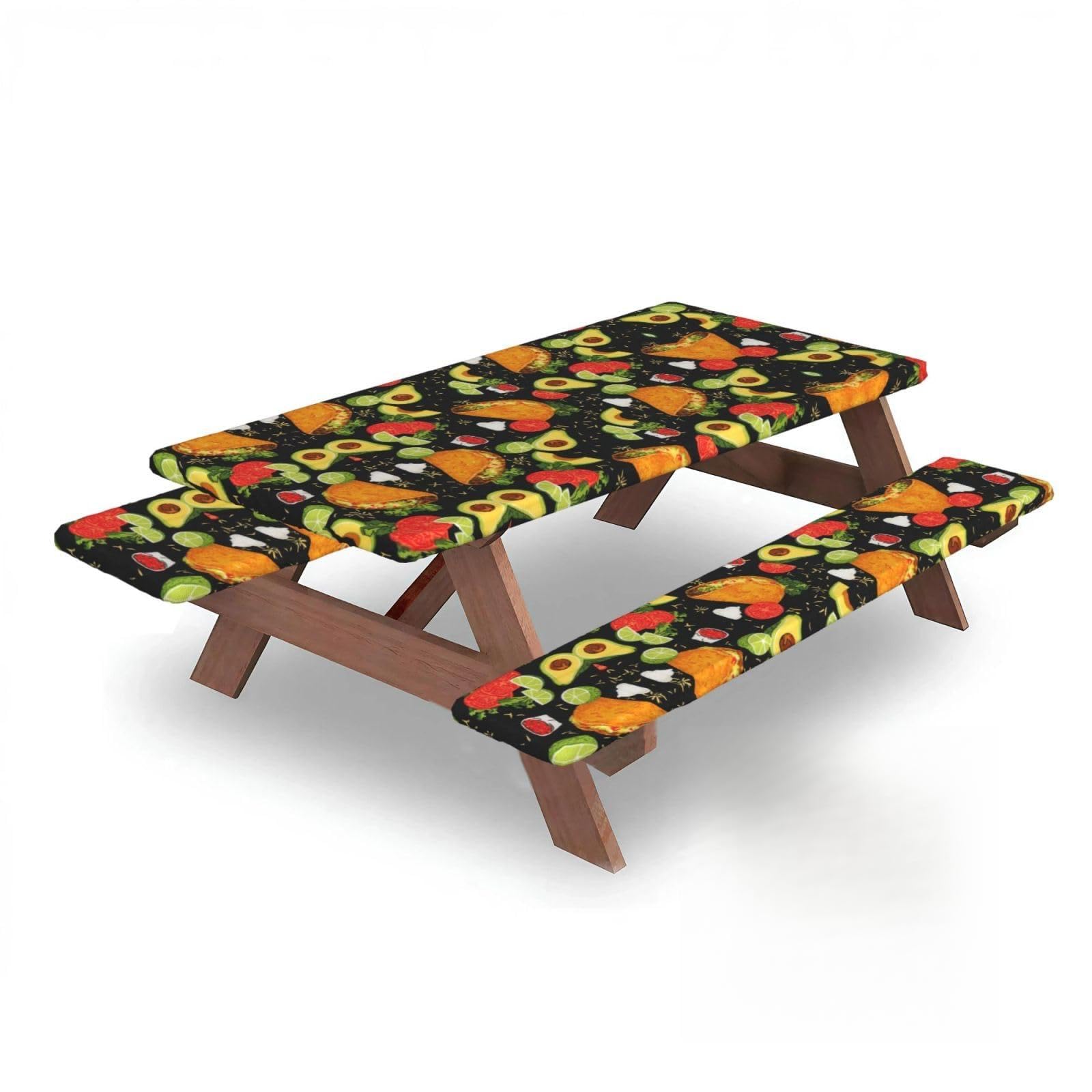 ESNAIUVCD Food Print Print Picnic Table Cover With Bench Covers,Camping Essentials,Fitted Tablecloth Cover With Elastic Edge, For Indoor & Outdoor 3 Pcs