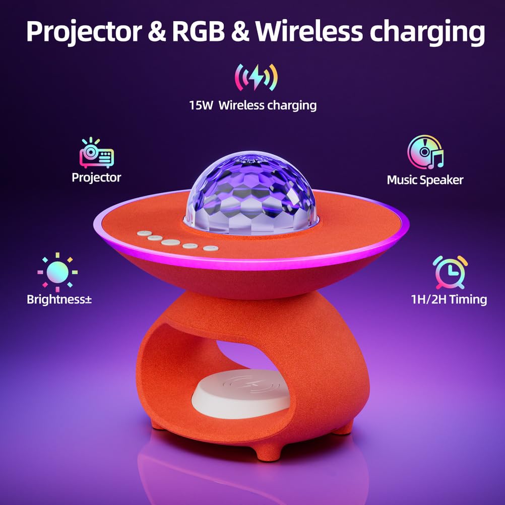 Proiettore cielo stellato Lampada da tavolo LED Smart con telecomando 15W Caricabatterie wireless e USB - Ricaricabile Lampada d'atmosfera con Bluetooth - Altoparlante Proiettore stellare RGB,Arancia