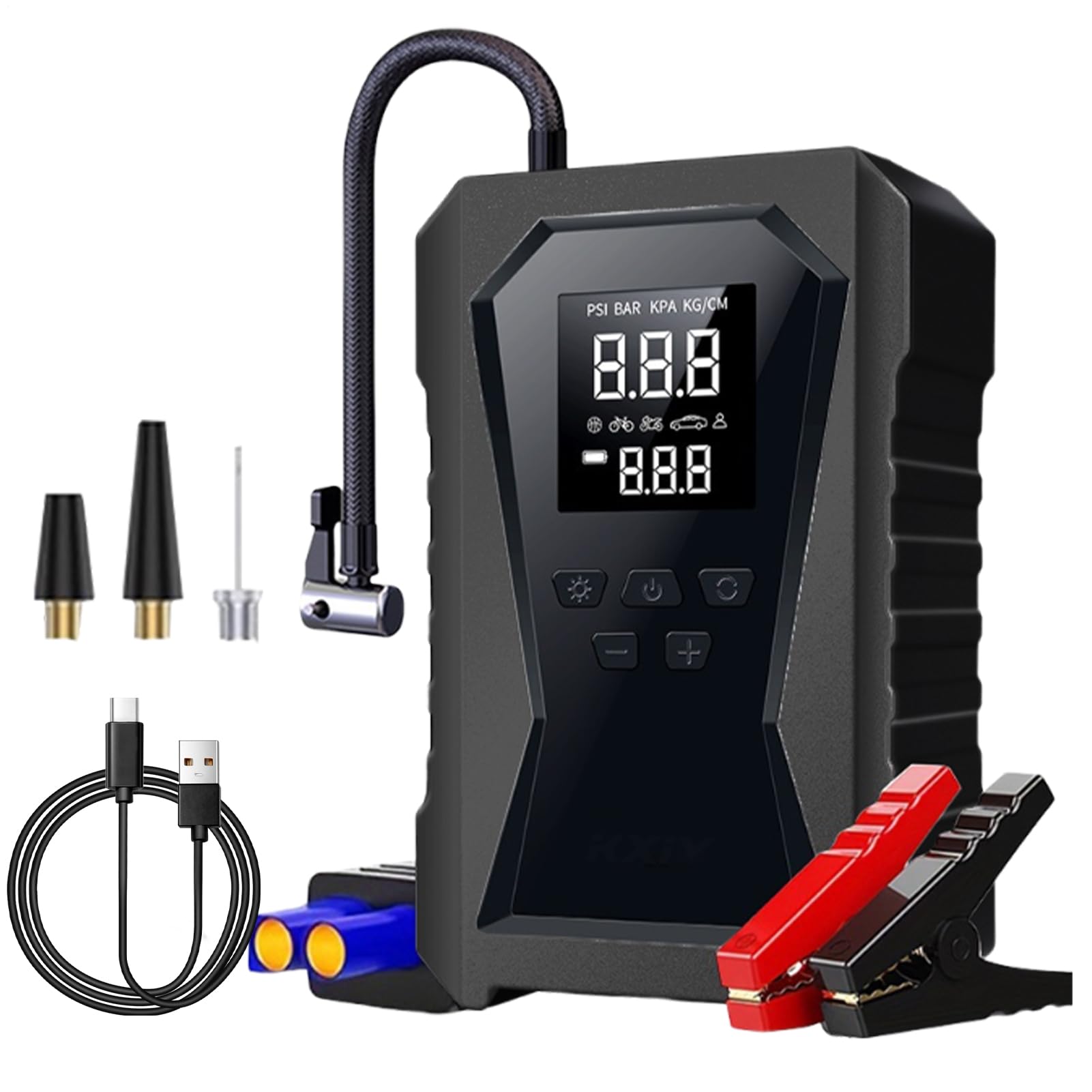 Booster Avviamento Auto,12V Avviatore per veicolo con Compressore Aria Portatile,Avviatore Batteria Macchina,Jump Starter con LED Torcia,Ricarica USB-C,7-in-1 Kit di Viaggio e Attrezzi di Emergenza