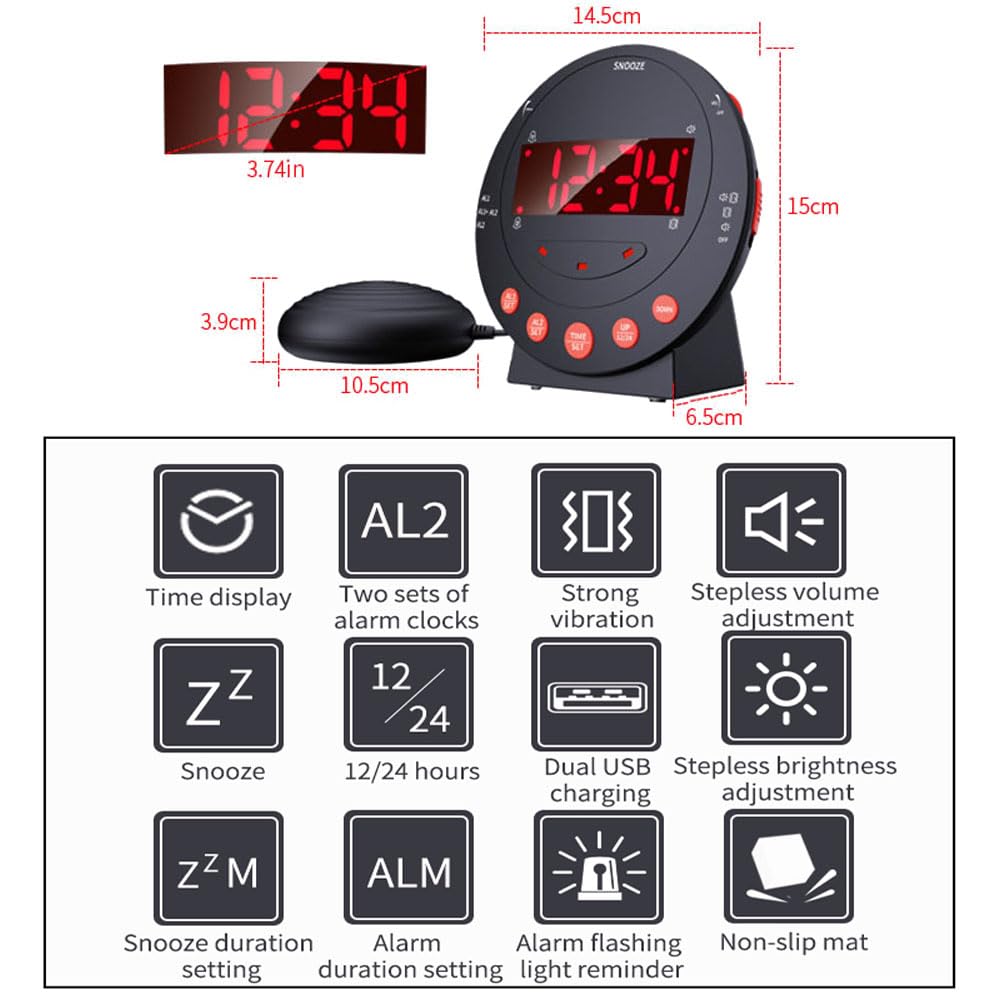 TS-BC600 Reloj Despertador con vibración Fuerte y luz de Flash para agitar la Cama Brillo Ajustable Snooze Ajuste de Alarma Dual Pantalla LED USB