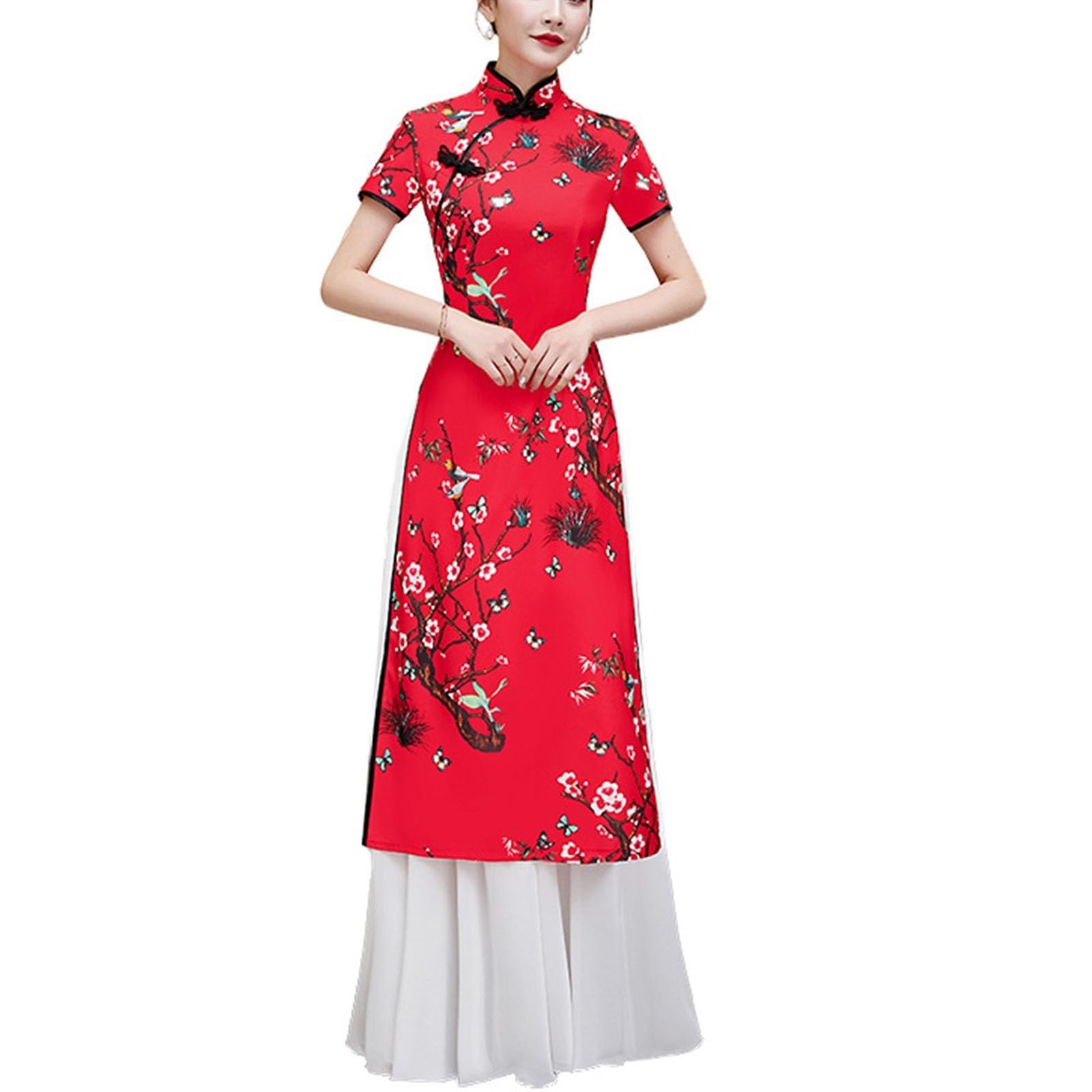 Sxtyyh Unisex Red Ao Dai Vietnamese Chinese Traditional Dress Fashion Long Chinese Costume For Women Qipao Print Cheongsam Dress(,S)