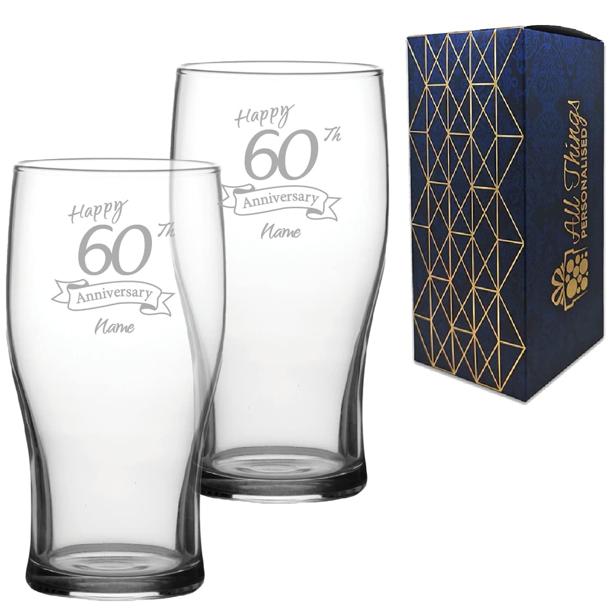 Personalised Engraved 60th Anniversary Glass Set of Two, Tulip Pint 20oz Glass, Engraved in The UK, Personalise with Any Name, Thoughtful Customised Gift — image 1