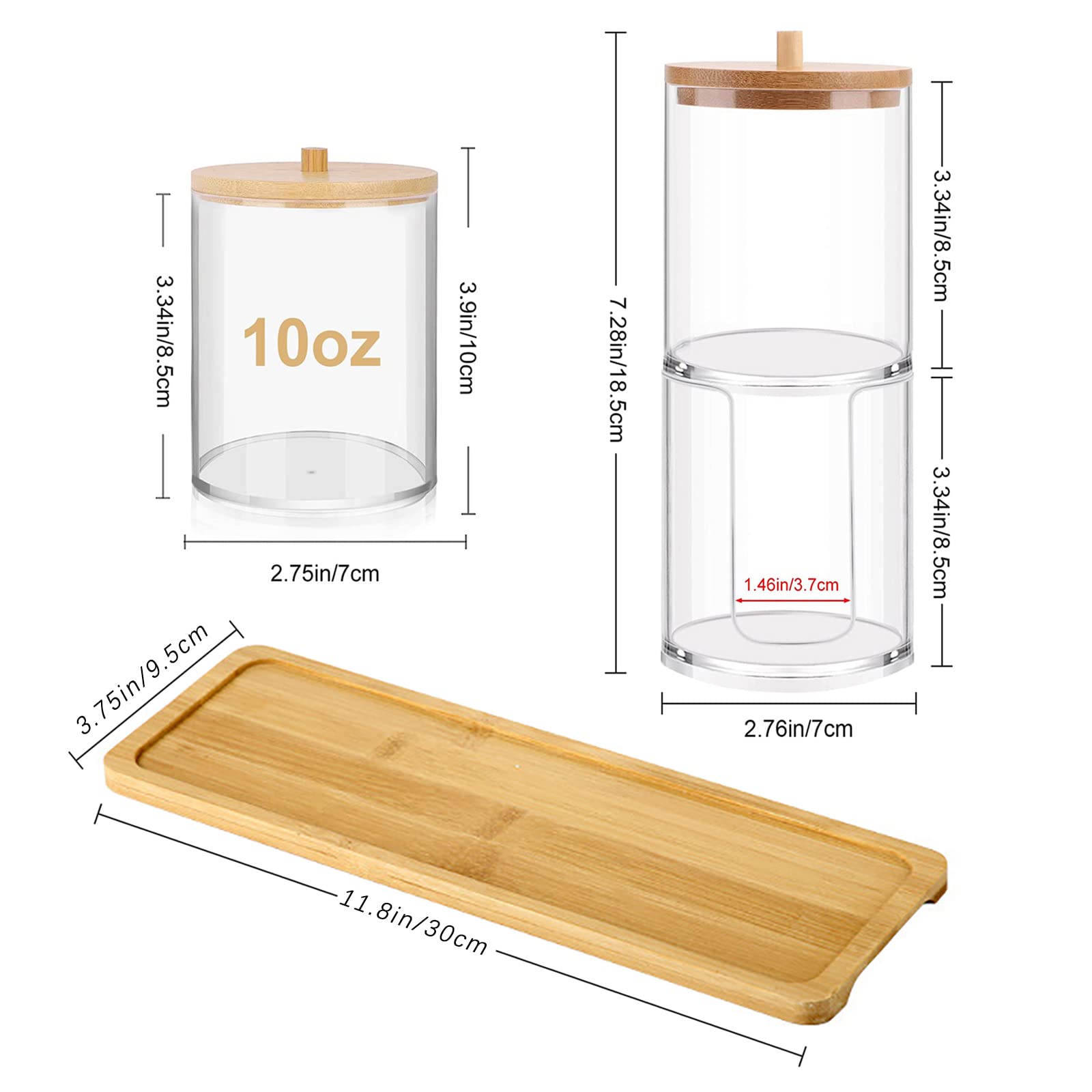 Qtip Holder Dispenser with Bamboo Lids and Vanity Tray - 10 oz Clear Plastic Apothecary Jar Containers for Vanity Makeup Organizer Storage - Bathroom Accessories Set for Cotton Swab, Ball, Pads, Floss