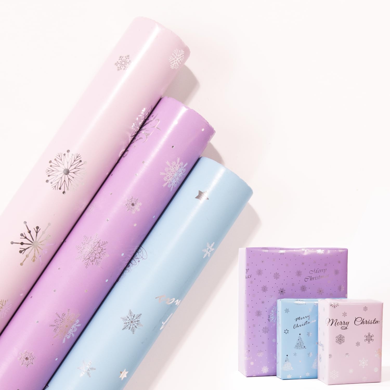 Christmas Wrapping Paper Roll,3 Rolls 43cm x 3m Xmas Gift Wrapping Paper,Metallic Gift Wrap Paper with Snowflake Xmas Tree Pattens for Christmas,Party,Festive Decorations (pink blue purple)