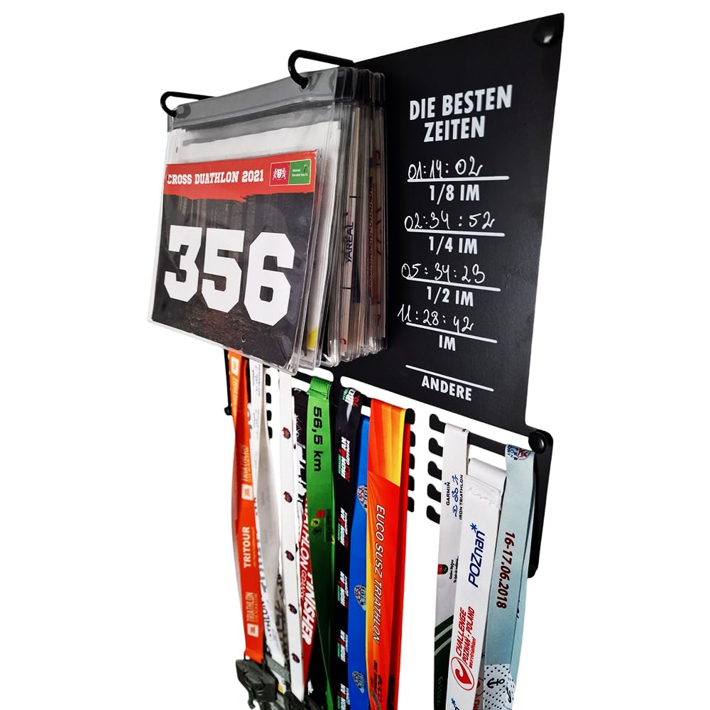 Porte-médailles de triathlon avec pochettes pour dossard – Les meilleurs temps – Support pour médailles de triathlon et records personnels (1/8, 1/4, 1/2, Ironman) – Cadeau pour triathlète