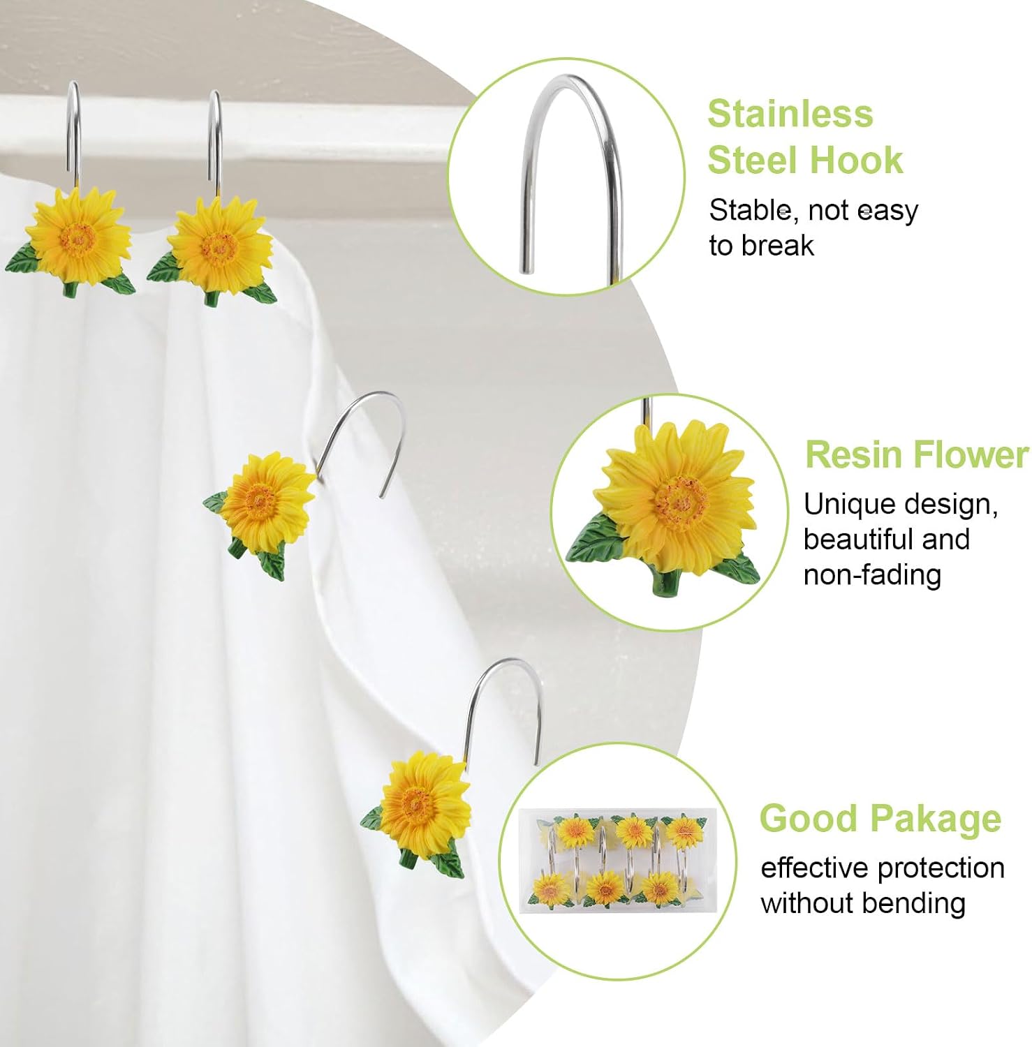 Sunflower Shower Curtain Hooks, 12Pcs Decorative Shower Hanger Rings with Sunflower Smooth Sliding S Shaped Hooks for Bathroom Curtain (Yellow)