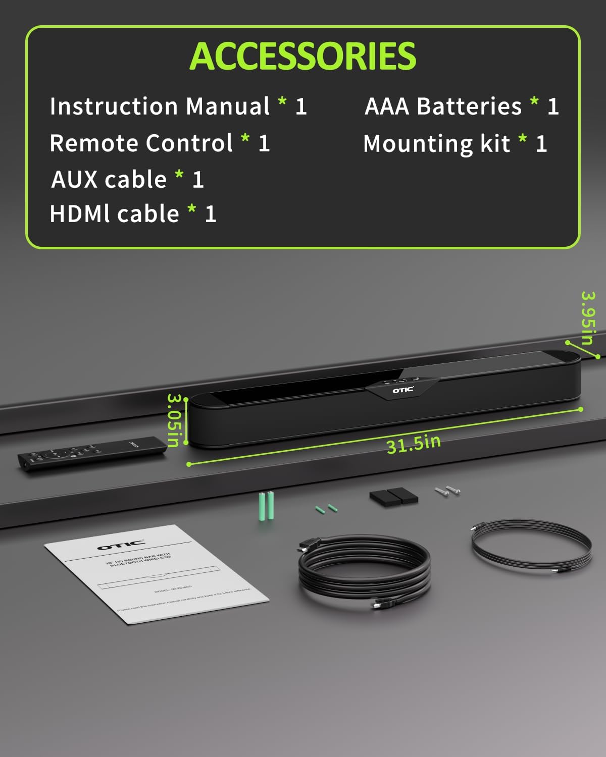 OTIC 2.0ch Sound Bar for Smart TV, 32 inch Wireless Dolby Atmos Soundbar with Bass, Bluetooth 5.4/HDMI ARC/Optical/Aux, 5 EQ Modes, Easy Use, Compact, Home Audio with Clear Sound Black
