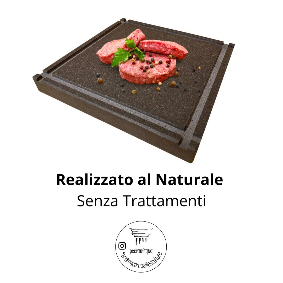 Petrantiqua® Piastra Refrattaria Quadrata Artigianale Barbecue in Pietra Lavica Etna Liscia Ruvida da 2 e 3 cm di Spessore Ottima per Carne Pesce e Verdure Pizza Pane (30x30 Cm Liscia Spessore 2 Cm)