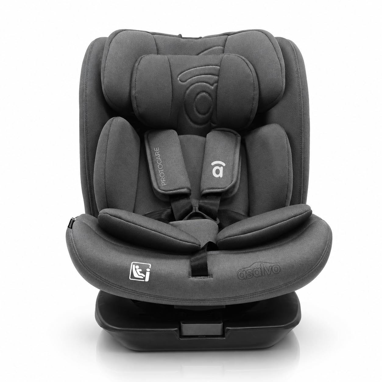 Silla de coche i-Size giratoria 360° con Isofix desde recién nacido hasta 150 cm – Contramarcha hasta 105 cm – Arnés 5 puntos, cojín reductor y funda lavable – Asalvo Protocare Gris