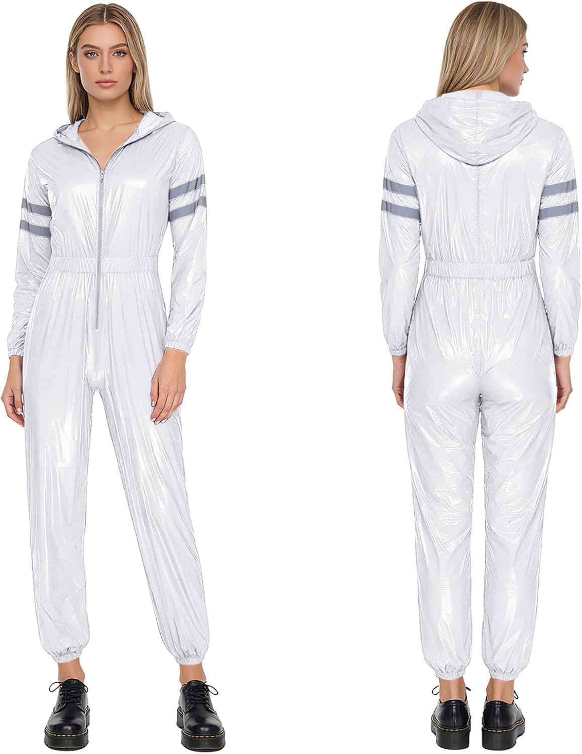 Mufeng Womens Water Resistant Coveralls Reflective Strips Hooded Front Zipper Jumpsuit Workwear