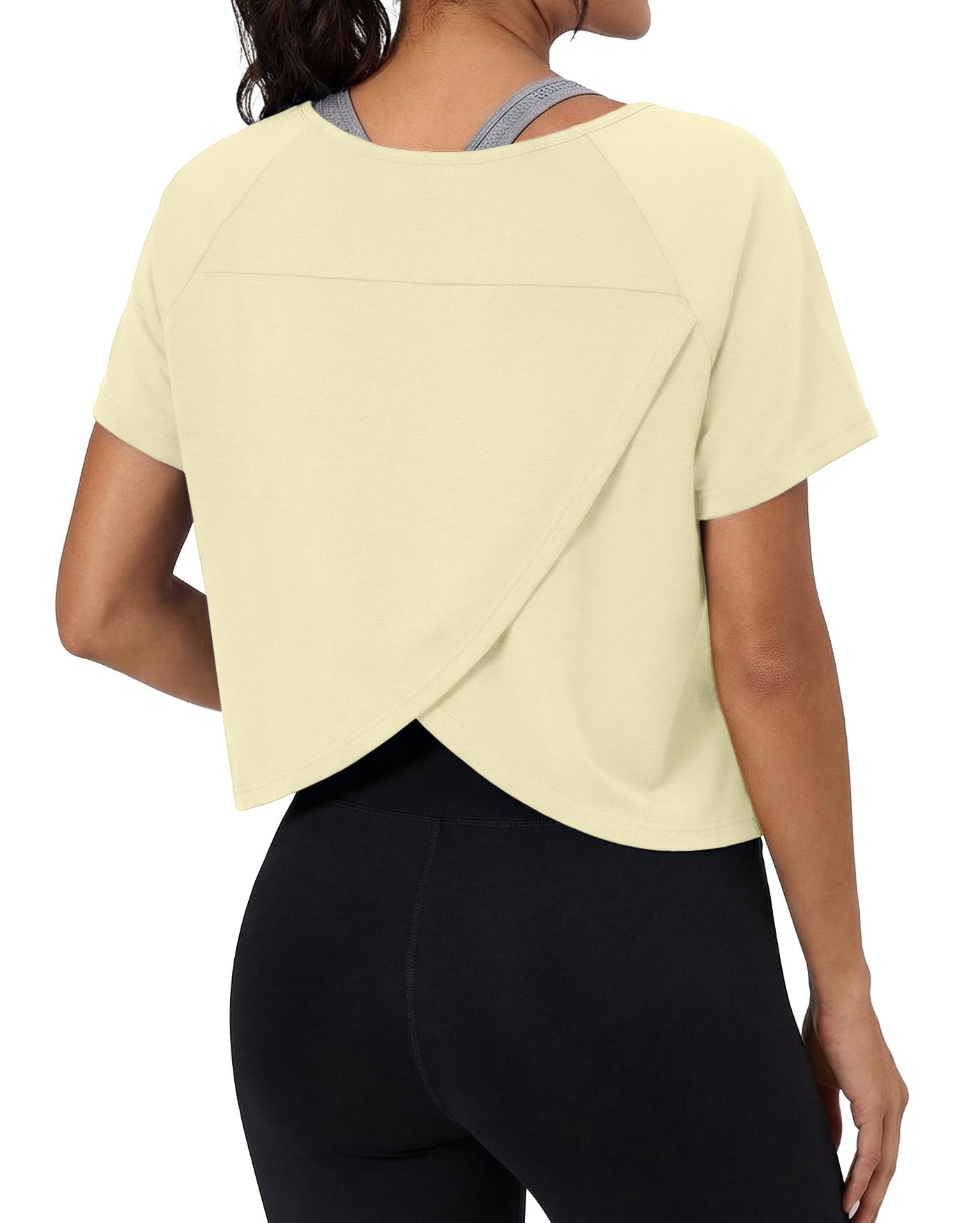 GRECERELLE Workout Tops for Women Short Sleeve Athletic Shirts Running Yoga Crop Gym Pilates Top Crossover Back Y2k — view 14