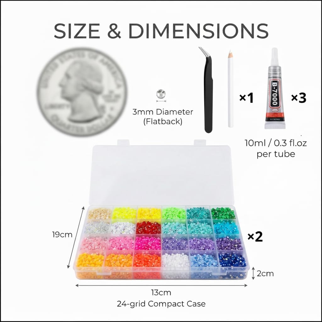 OPRTEU Bedazzler Kit 51000Pcs 48 Colors 3mm Flatback Rhinestones Gems with Upgraded Pick-up Wand 3Pcs B7000 Glue for Nail Art Crafts Clothes Shoes Decor