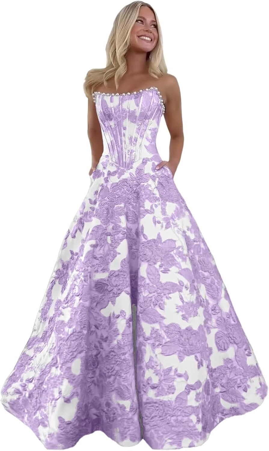 Floral Prom Dresses for Women Strapless Jacquard Formal Evening Dress A Line Satin Pearl Ball Gowns with Pockets