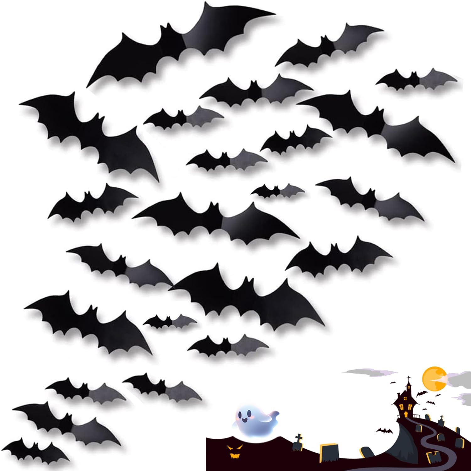 Molhem Black 180Pcs Halloween 3D Bats Stickers Decorations 5 Different Sizes Bat Wall Decal Decor For Windows Wall Home Door,Diy Pvchalloween Party Supplies