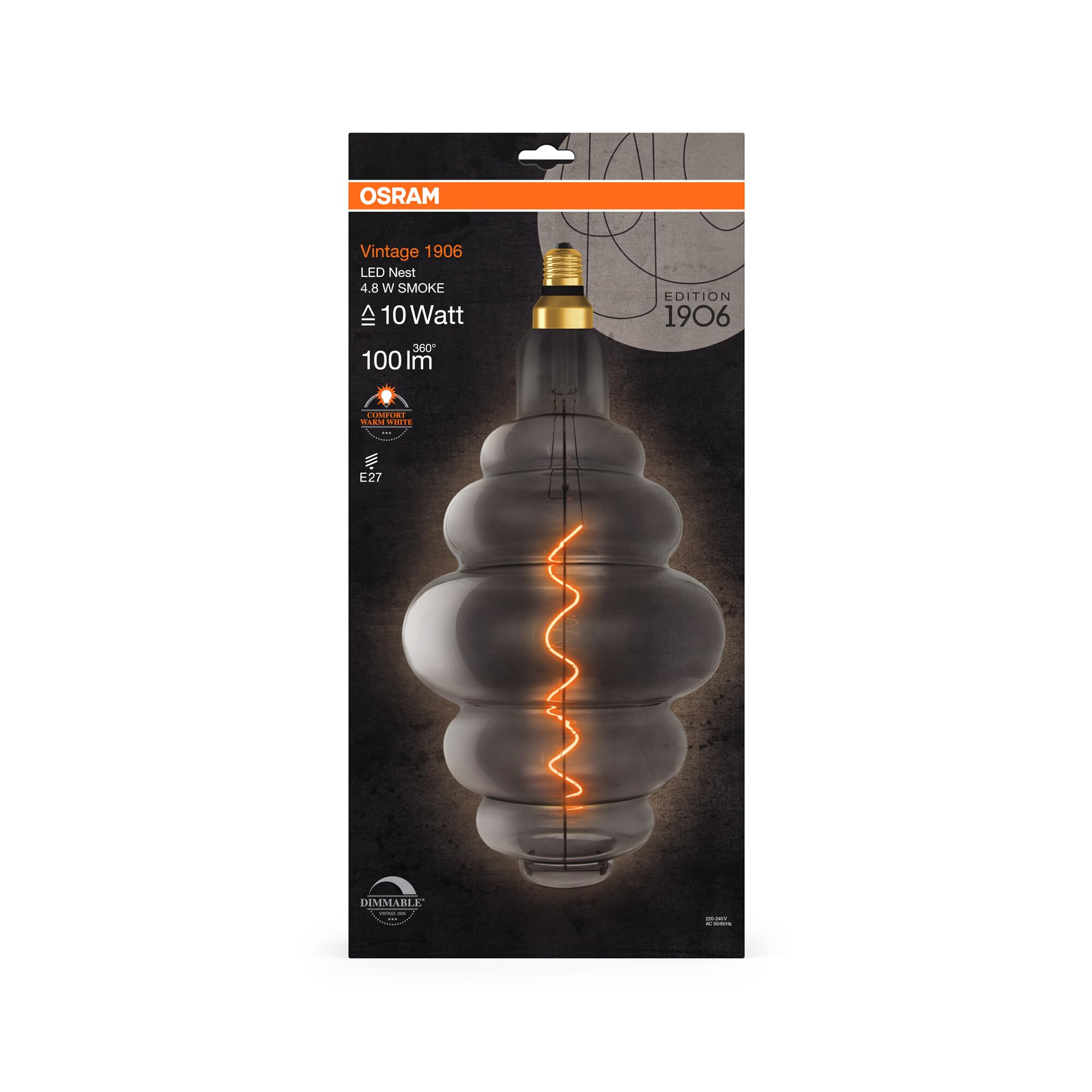 Osram Lamps 1906 LED-Lampe mit Smoke-Tönung, 4,8W, 100lm, Bienenstock-Form mit 200mm Durchmesser&E27-Sockel, warmweiße Lichtfarbe, dimmbares Filament, bis zu 15 Stunden Lebensdauer, 4058075761056